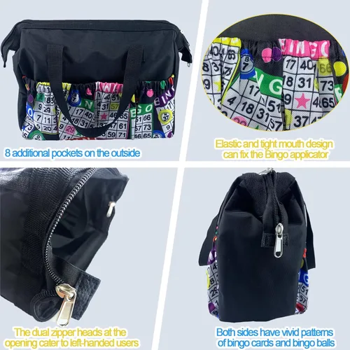 Miniatura 6 de Versátil bolsa grande de bingo 8 bolsillos Accesorios de bingo y estuche de maquillaje Bolsa de almacenamiento con cremallera