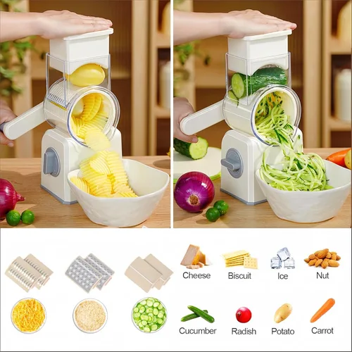 Miniatura 4 de Rallador rotativo de queso con asa, trituradora de queso de cuchillas inoxidables reemplazables, cortador de verduras de queso multifuncional
