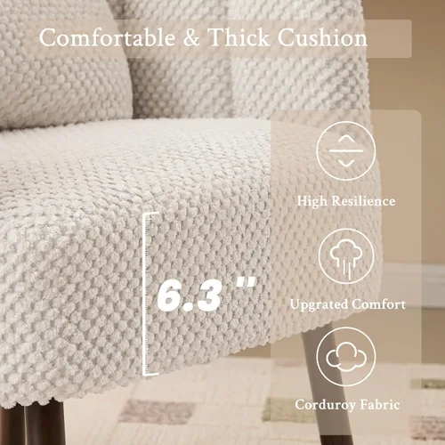 Miniatura 6 de Furniliving Silla de tocador beige, silla de terciopelo para sala de estar, sillas de concha con patas de madera, silla de maquillaje