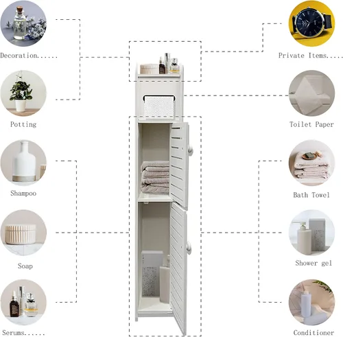 Miniatura 4 de Armario de almacenamiento pequeño para baño, organizador de papel higiénico delgado con 2 puertas y estantes, armario de almacenamiento sobre