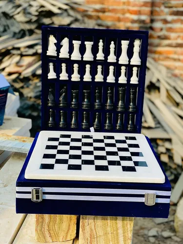 Miniatura 5 de NB - Juego de ajedrez de mármol hecho a mano de 12 pulgadas con caja de regalo de terciopelo azul, elegante tablero de ajedrez de piedra con juego
