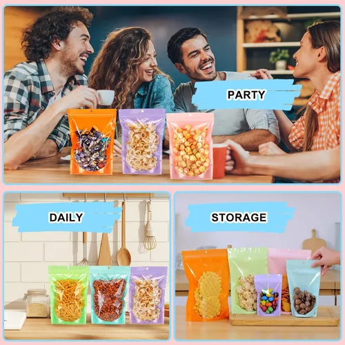 Miniatura 5 de Paquete de 100 bolsas de almacenamiento de alimentos Mylar con ventana, bolsa resellable de 7 x 10 pulgadas, a prueba de olores, bolsas de plástico
