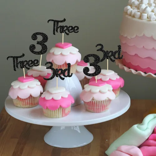 Miniatura 4 de 24 piezas de adornos para cupcakes de tercer cumpleaños, brillo, 3er cumpleaños, 3 piezas para baby shower, aniversario, decoración para pastel