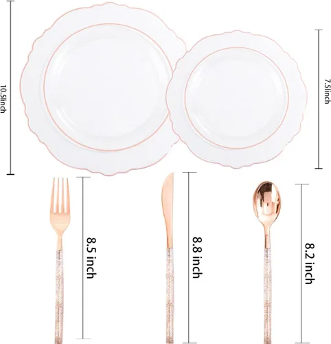 Miniatura 2 de Liacere 150 platos de plástico color oro rosa, platos desechables de oro rosa transparente con mango de bambú con purpurina, 60 platos barrocos