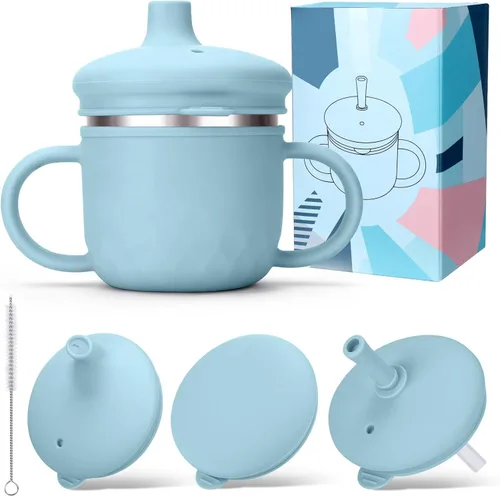 Miniatura 11 de BUSOHA Vasos para sorber de acero inoxidable, 3 en 1 de silicona para niños pequeños, vaso de paja para bebés con cepillo para niños con tapa