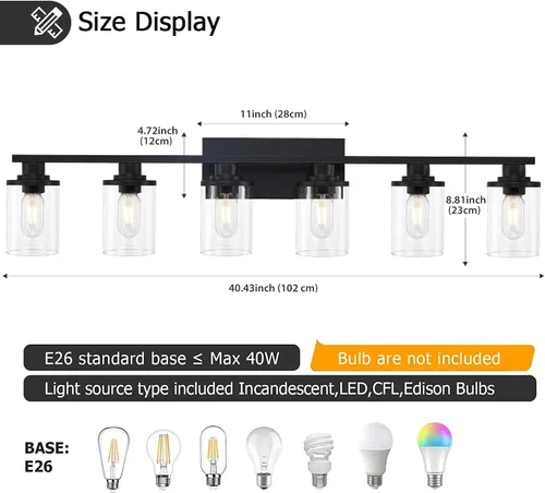 Miniatura 3 de 6 Luces de Tocador de Baño de Negro Mate con Vidrio Transparente y Base de Metal, Luces de Tocador Negras para Baño Sobre Espejo