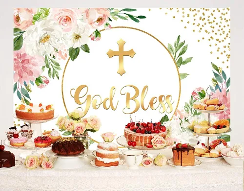 Miniatura 3 de Ticuenicoa Telón de fondo de bautismo de 5 x 3 pies para niña, fondo de primera comunión, rosa y dorado, Dios bendiga la espalda, decoración