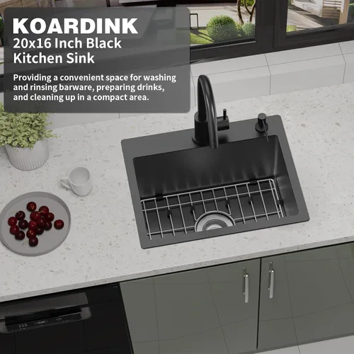 Miniatura 2 de Fregadero negro de cocina y bar, fregadero de cocina de acero inoxidable de 20 x 16 pulgadas, moderno fregadero de barra de montaje en la parte