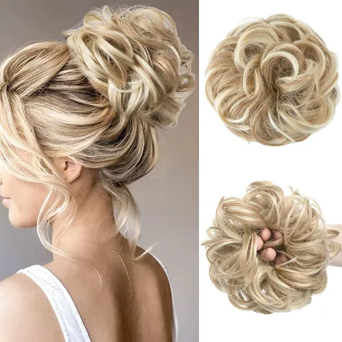 Miniatura 26 de CJL HAIR Extensiones de cabello sintético de moño desordenado, ondulado, rizado, grueso, para coleta, para mujer (rubio blanco)