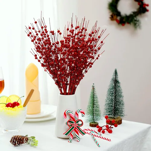 Miniatura 5 de Jutom 12 tallos de bayas artificiales de Navidad con purpurina de 15.7 pulgadas, adornos de púas de bayas de acebo, adornos falsos para árbol