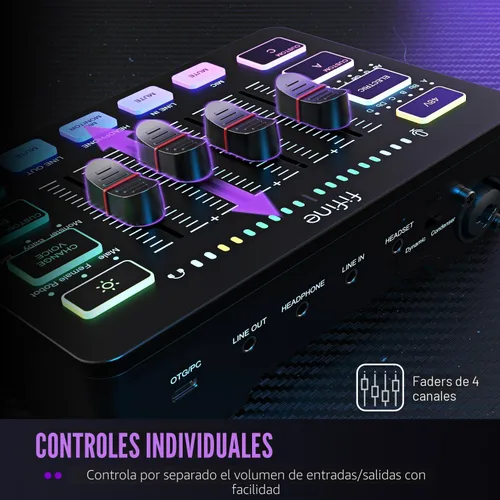 Miniatura 3 de FIFINE Mezclador de audio para juegos, mezclador de PC RGB para streaming con interfaz de micrófono XLR, control individual, atenuador de volumen