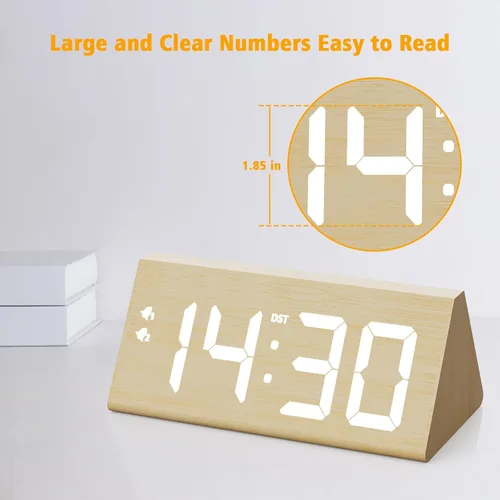 Miniatura 2 de Reloj despertador digital de madera con puertos de carga USB duales, DST, atenuable, función de repetición, reloj LED de tiempo moderno de gran