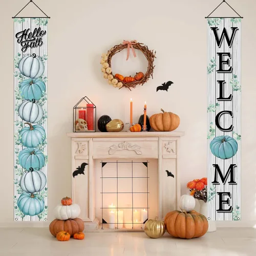 Miniatura 4 de Cartel de otoño de otoño con hojas de eucalipto de calabaza azul, decoración de Acción de Gracias, tablero para colgar en la pared, suministros