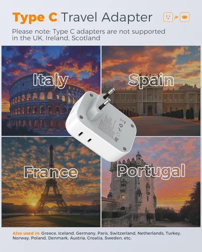 Miniatura 2 de Adaptador de enchufe de viaje europeo USB C, adaptador de enchufe internacional TESSAN con 4 salidas de CA, 3 puertos de carga USB, adaptador