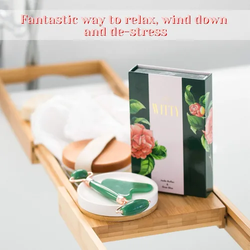 Miniatura 4 de WITTY Juego de rodillo facial de jade y Gua Sha en caja de regalo dibujada a mano, piedra Gua Sha, rodillo masajeador facial, herramientas de Verde