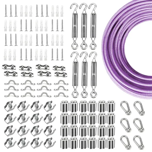 Miniatura 9 de Kit de suspensión de luces de cuerda de globo, cable guía de luz para exteriores, cable de acero inoxidable recubierto de vinilo, incluye 50 pies
