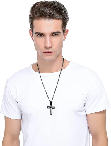 Miniatura 3 de LOYALLOOK Collar de acero inoxidable para hombre, 24 pulgadas, plata y tono negro con cruz colgante de oración del señor