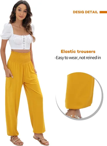 Miniatura 3 de QIANXIZHAN - Pantalones deportivos de tiro alto para mujer, diseño estilo harén bohemio con bolsillos, para yoga