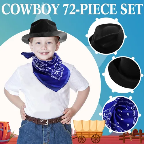 Miniatura 3 de Hillban 72 piezas de sombrero de vaquero occidental y set de bandana de paisley para niños, sombreros de fiesta de vaquero de fieltro para marrón