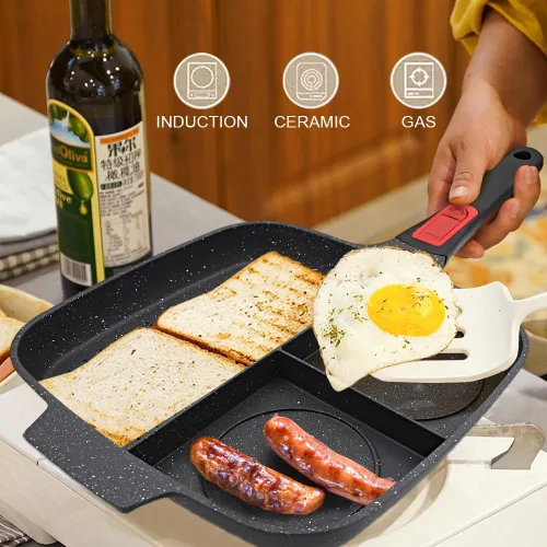 Miniatura 4 de Sartén Parrilla 3 en 1 para Estufas con Mango Desmontable, Plancha Versátil Antiadherente Dividida, Sartén Cuadrada Libre de PFOA, Negro