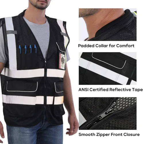 Miniatura 3 de Neopelta Chaleco de seguridad reflectante de malla negra, chaleco de alta visibilidad con bolsillos y cremallera, cuello acolchado, color negro, 2X