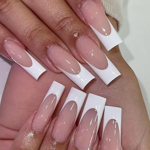 Miniatura 14 de 24 uñas postizas a presión de punta francesa negra, uñas postizas largas cuadradas, color rosa, cobertura completa, con diamantes de imitación, L1.