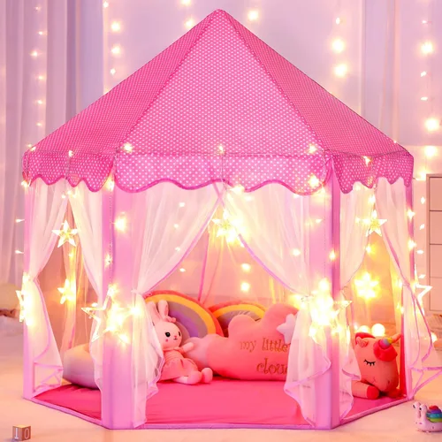 Miniatura 10 de Sumbababy - Tienda de campaña de castillo de princesa para niñas, de juego, hexagonal, azul, con luces de estrella de hadas, juguetes para niños