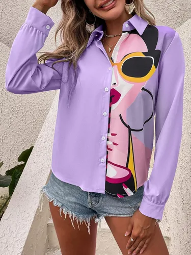 Miniatura 5 de SHENHE Camisa de manga larga con cuello para mujer, con estampado de figuras coloridas