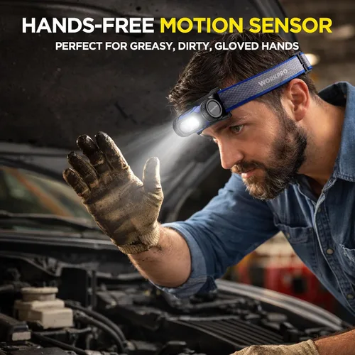 Miniatura 2 de WORKPRO Linterna frontal de trabajo recargable, lámpara de cabeza LED de 700 lm con sensor de movimiento, ángulo ajustable de 180° y largo tiempo