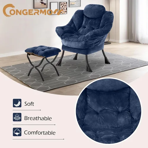 Miniatura 4 de Silla perezosa con otomana plegable, sofá de ocio, sillón de tela suave con reposabrazos y bolsillos laterales, silla de lectura con reposapiés