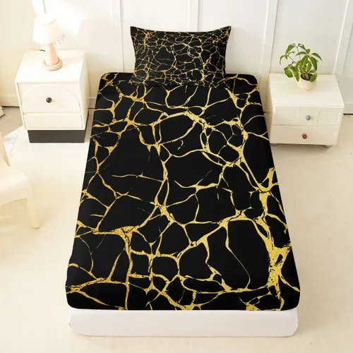 Erosebridal Sábana bajera ajustable de mármol metálico dorado, tamaño individual, sábanas de cama con purpurina dorada negra, diseño de textura de