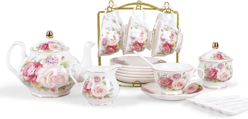 Miniatura 7 de fanquare Juego de té de porcelana de rosa azul, tetera floral británica con tazas de té, juego de fiesta de té para mujer para 6