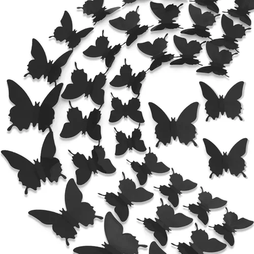 Decoración de pared de mariposa 3D, 48 unidades, calcomanías negras pulidas, 3 tamaños, calcomanías de mariposa duraderas, arte de pared para