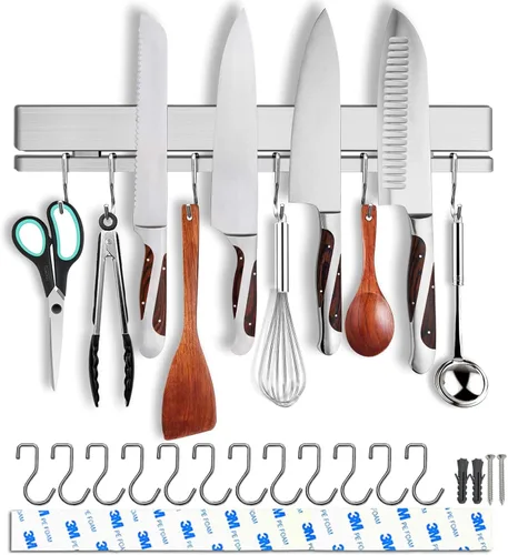 Portacuchillos magnético de 17 pulgadas para pared, sin taladro/taladro, con 12 ganchos, cinta magnética de doble barra adhesiva fuerte, soporte