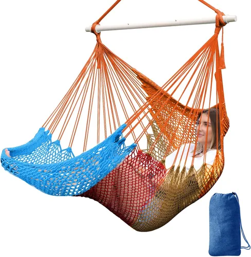 Miniatura 13 de Chihee - Silla de Hamaca Extra Grande, Sillas Colgantes Suavemente Tejidas con Cuerda de Algodón, Barra de Metal Plegable y Resistente, Asiento