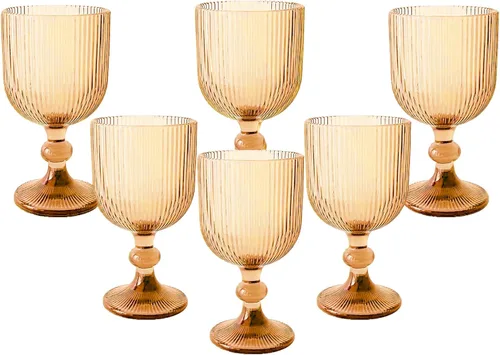 Juego de 6 copas de vino vintage, vasos de agua de vidrio de 11 onzas de colores, cristalería de vidrio transparente con patrón en relieve único y