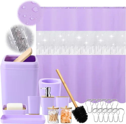 Miniatura 28 de Juego de accesorios de baño rosa con cortina de ducha y alfombras con purpurina, juegos de baño con alfombras de baño extrasuaves y absorbentes