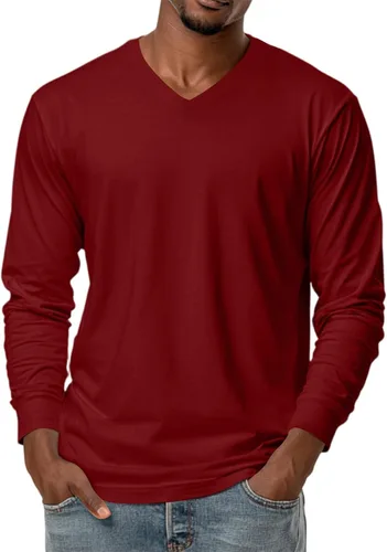 Miniatura 22 de Camiseta para hombre, manga larga, cuello en V, color liso, informal, básica, suave, elástica, M-3XL