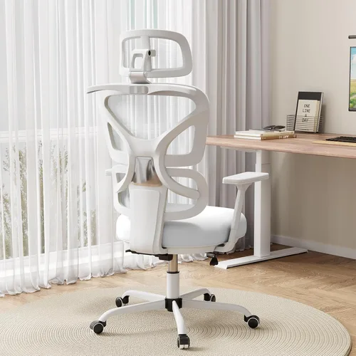 Silla de oficina ergonómica de malla con soporte lumbar y reposacabezas, silla de computadora con respaldo alto con reposabrazos y bloqueo de Blanco