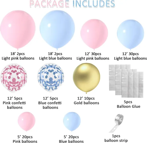 Miniatura 2 de Kit de arco de guirnalda de globos de color rosa claro y azul, 130 unidades de 5+12+18 pulgadas, globos de látex dorado con confeti rosa y azul