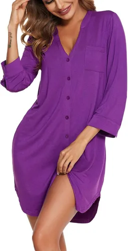 Ekouaer Camisón para mujer, cuello en V, a rayas, con botones, manga 34, camisón suave con botones, vestido de dormir S-XXL