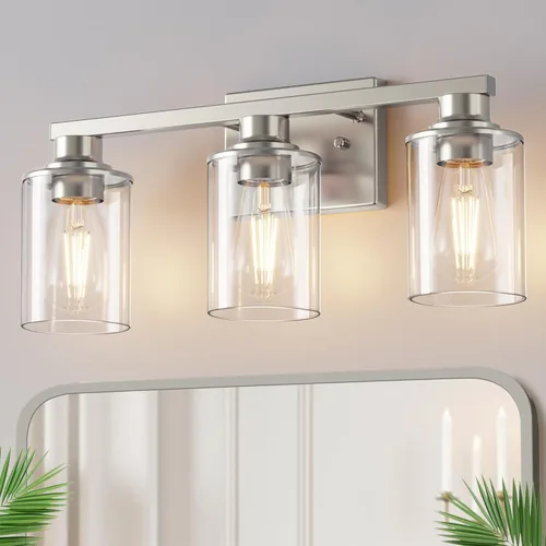 Miniatura 37 de DORESshop Lámparas de baño, 3 luces negras y doradas para baño sobre espejo con pantalla de vidrio transparente, luces de tocador para baño, Negro