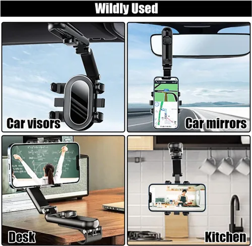 Miniatura 6 de Soporte para teléfono para visera solar, multifuncional, ajustable, espejo retrovisor, soporte para teléfono celular para coche, hogar, cocina, Negro