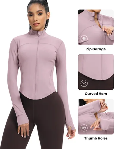 Miniatura 114 de AVGO Chaquetas de entrenamiento recortadas para mujer, con cremallera, ajustadas, atléticas, con agujeros para el pulgar