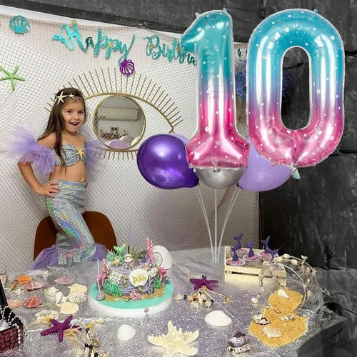 Miniatura 4 de Globos de Sirena Número 0 de 40 Pulgadas, Juego de Globos de Números Grandes Morado Verde Azulado Arcoíris 0-9, Globos de Números de Papel