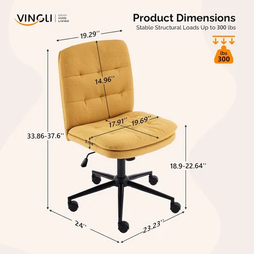 Miniatura 2 de VINGLI Silla de escritorio de oficina sin brazos con ruedas y sin ruedas, silla giratoria de 360° con cojín grueso, altura ajustable para sala