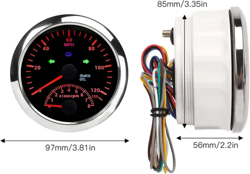 Miniatura 2 de Medidor de velocidad, velocímetro de 3 3/3.346 in, velocímetro de 0-125 MPH con tacómetro de 8000 rpm, retroiluminación roja DC9 a 32 V para barco