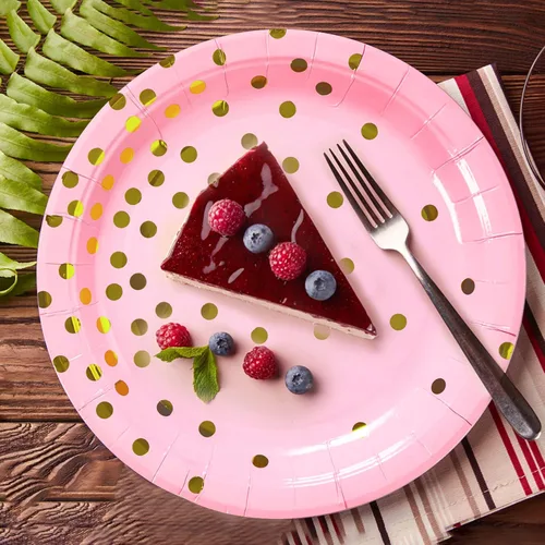 Miniatura 6 de Platos de papel de oro rosa, 100 unidades, platos de postre de puntos rosados y dorados, suministros de fiesta redondos desechables ideales para Oro