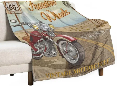 Miniatura 72 de Manta de motocicleta antigua, rústica y clásica, con temática de auto clásico, ruta de EE. UU., 66, patrón impreso, manta de franela súper suave