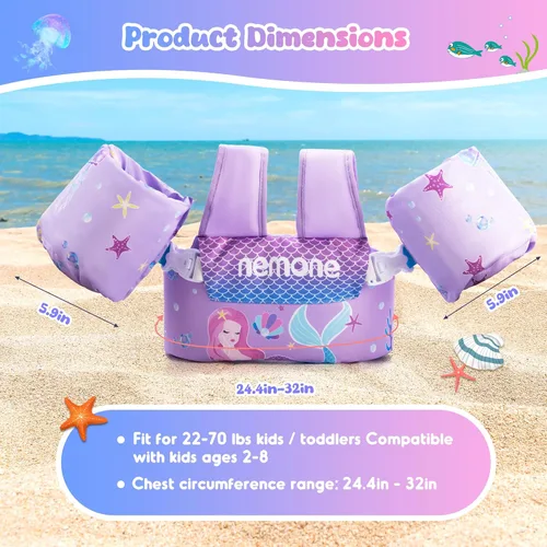 Miniatura 6 de Nemone Chaleco de natación para niños pequeños de 22 a 70 libras, flotadores para niños, chaqueta de natación con alas de agua para el brazo para A